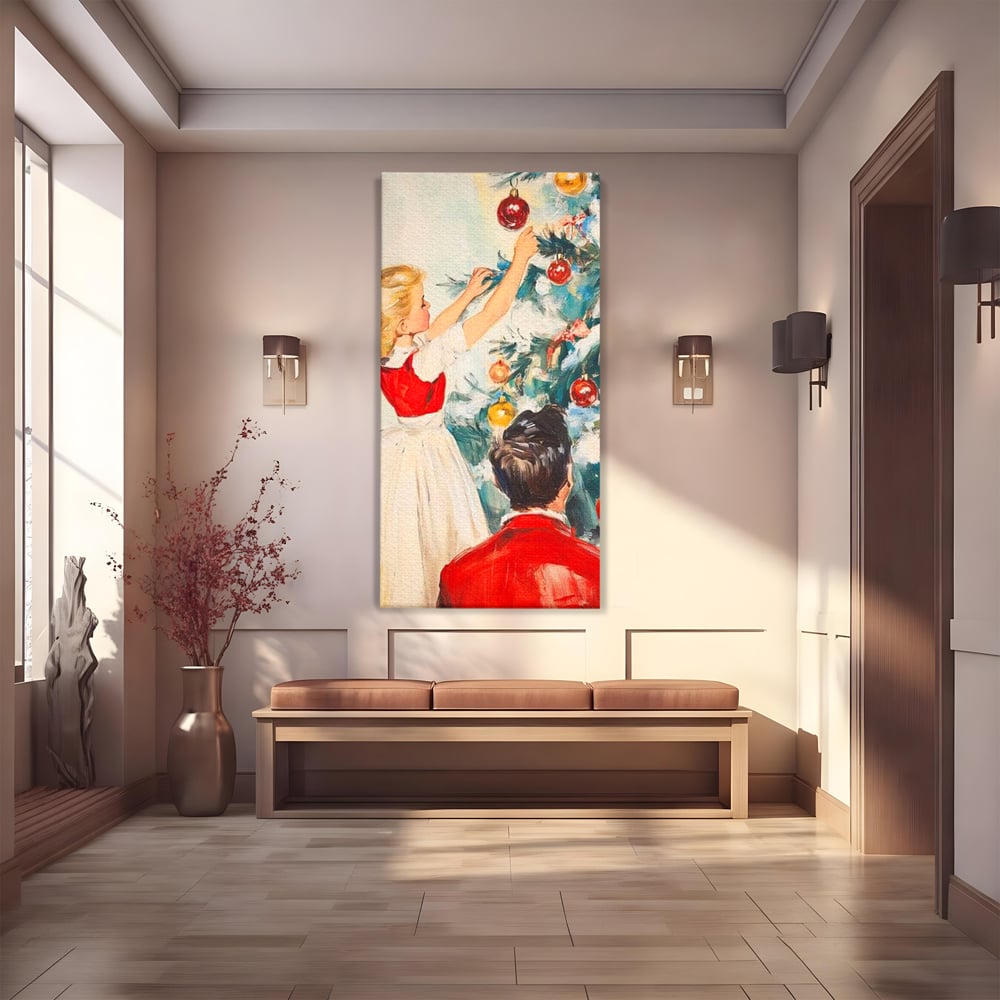 Tablou canvas cu pictura cu fetita impodobind bradul, fara rama, pe sasiu de lemn
